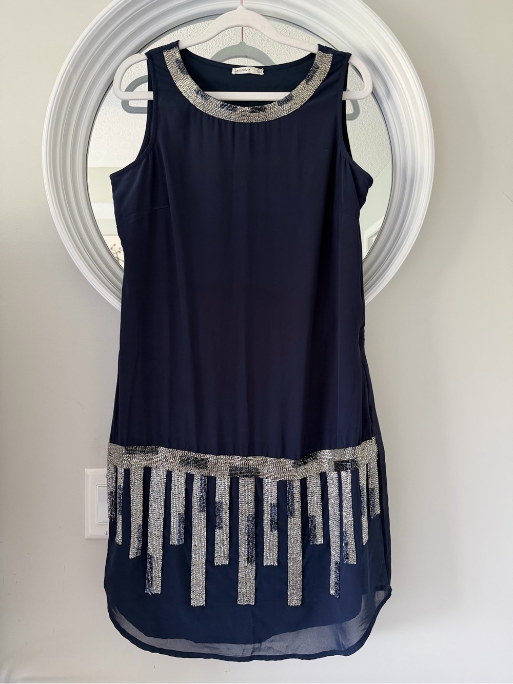 Lavand Navy Blue 1920s Flapper Great Gatsby Beaded Fringe Dress Size L
